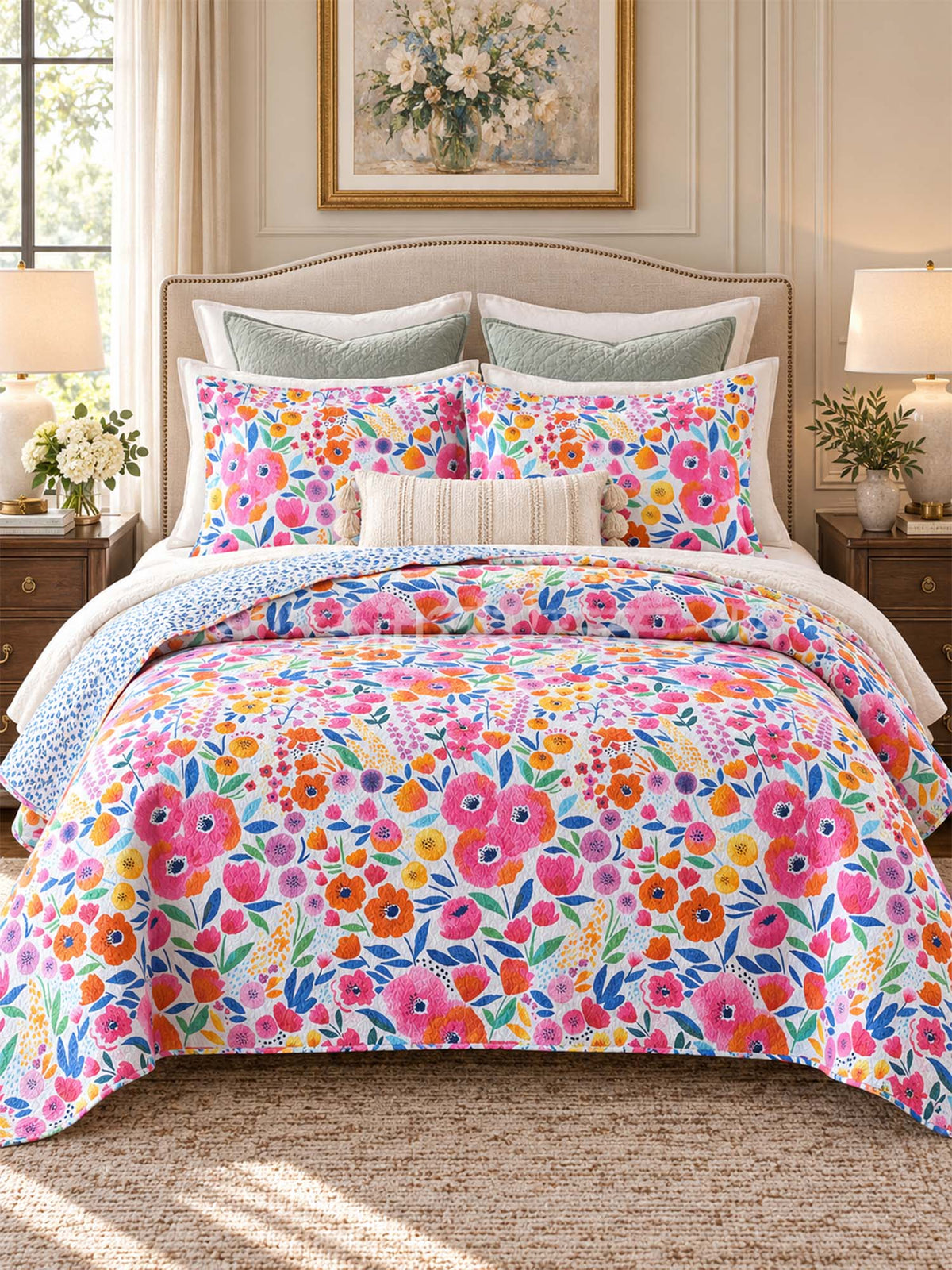 Wildflower Garden Reversible 100% Cotton Quilted 3-Piece Bedding Set