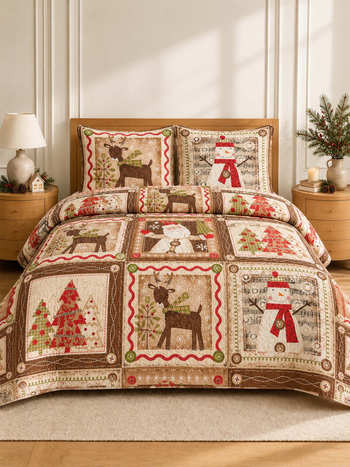 Rustic Reindeer Snowman Christmas Quilted 3-Piece Bedding Set