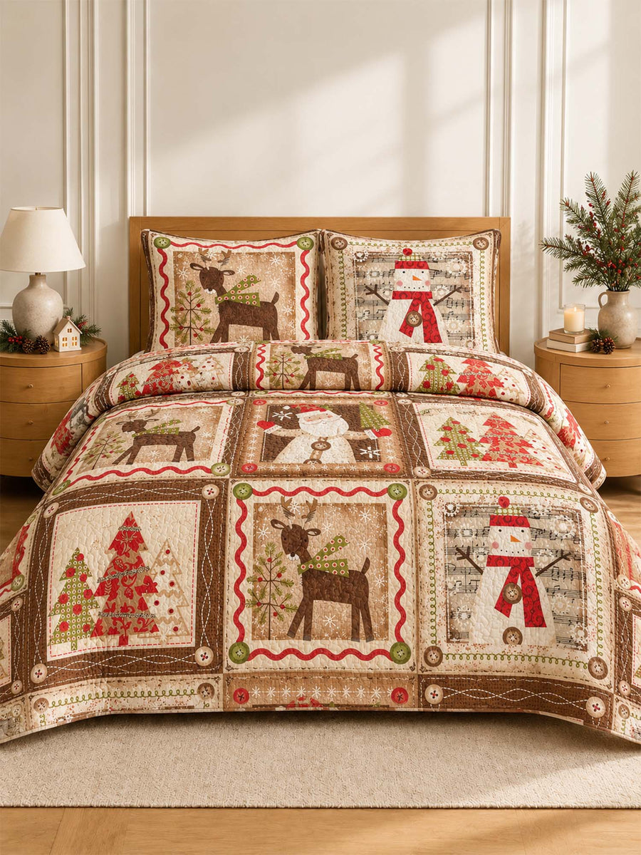 Rustic Reindeer Snowman Christmas Quilted 3-Piece Bedding Set
