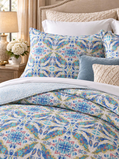 Pastel Blue Botanical Medallion Reversible 100% Cotton Quilted Bedding Set