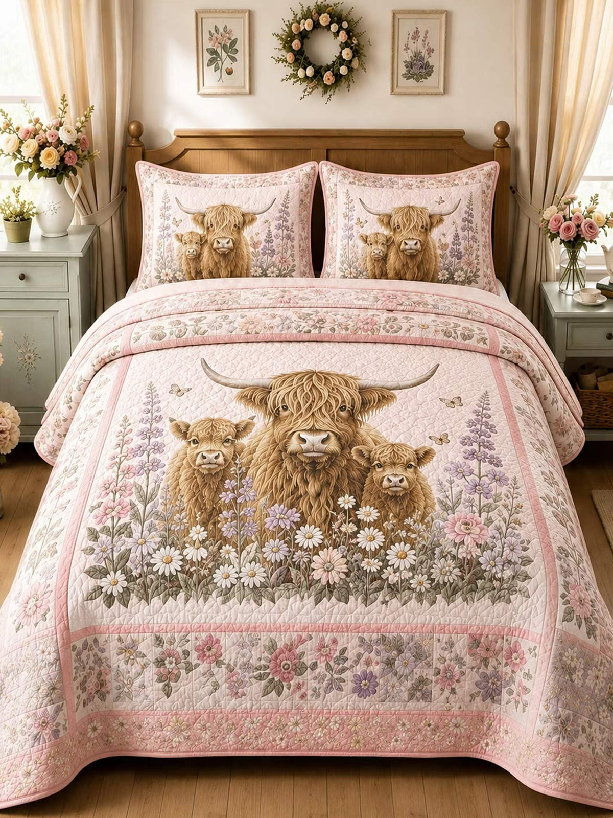 H.PAI Garden Highland Cow Gathering 3-Piece Quilted Bedding Set