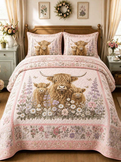 H.PAI Garden Highland Cow Gathering 3-Piece Quilted Bedding Set