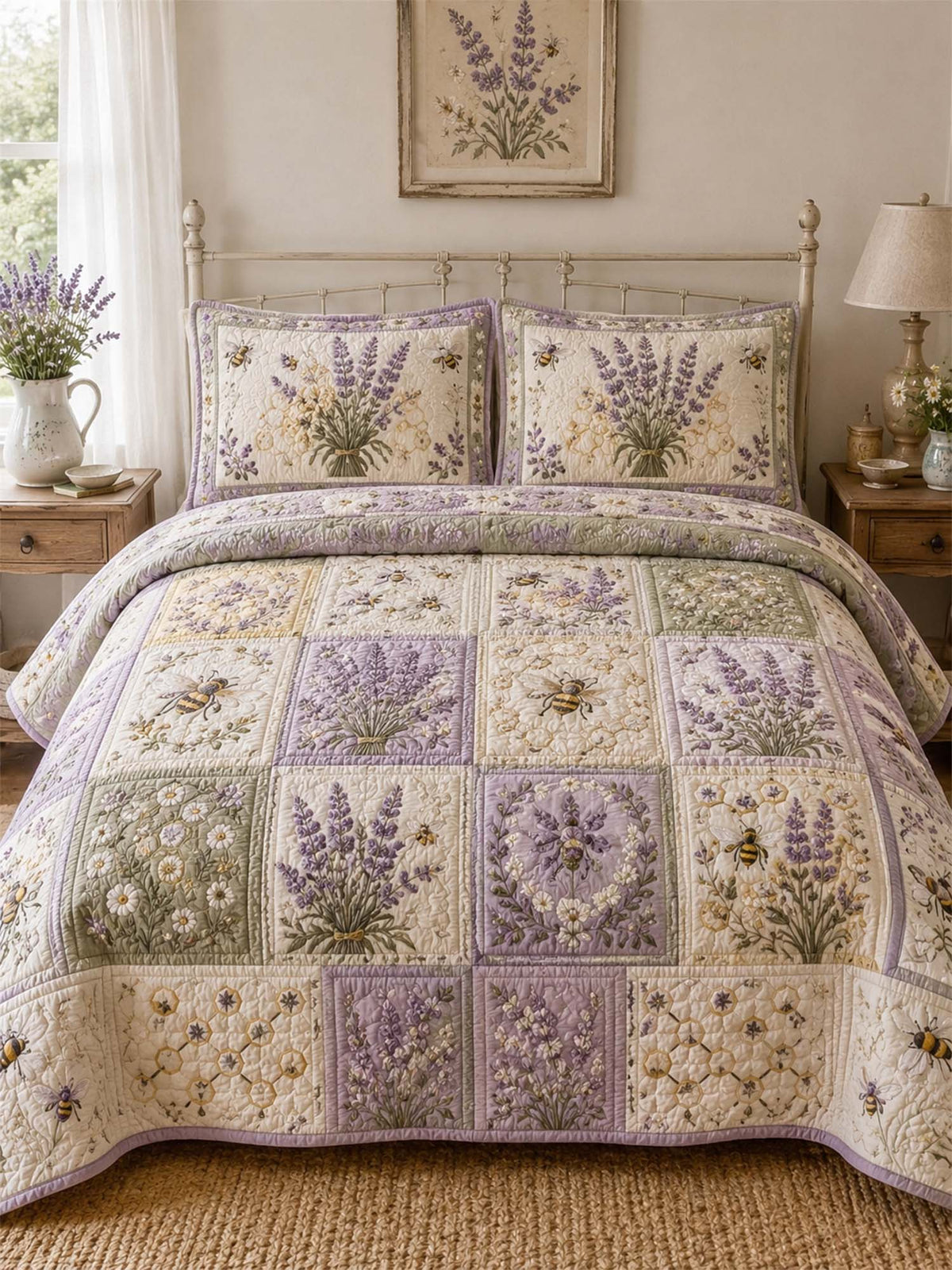 Lavender Bee Quilted 3-Piece Bedding Set