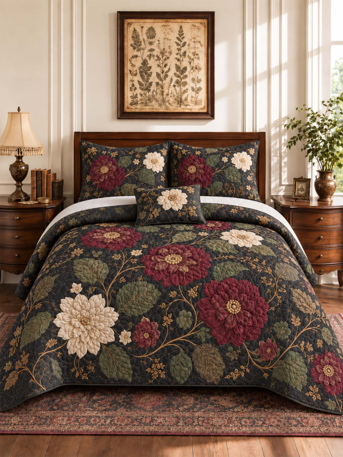 H.PAI Dark Botanical Floral Quilted 3-Piece Bedding Set
