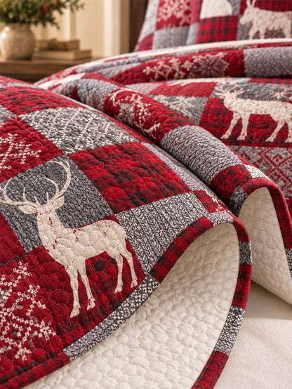 Woodland Deer Christmas Patchwork Quilted 3-Piece Bedding Set
