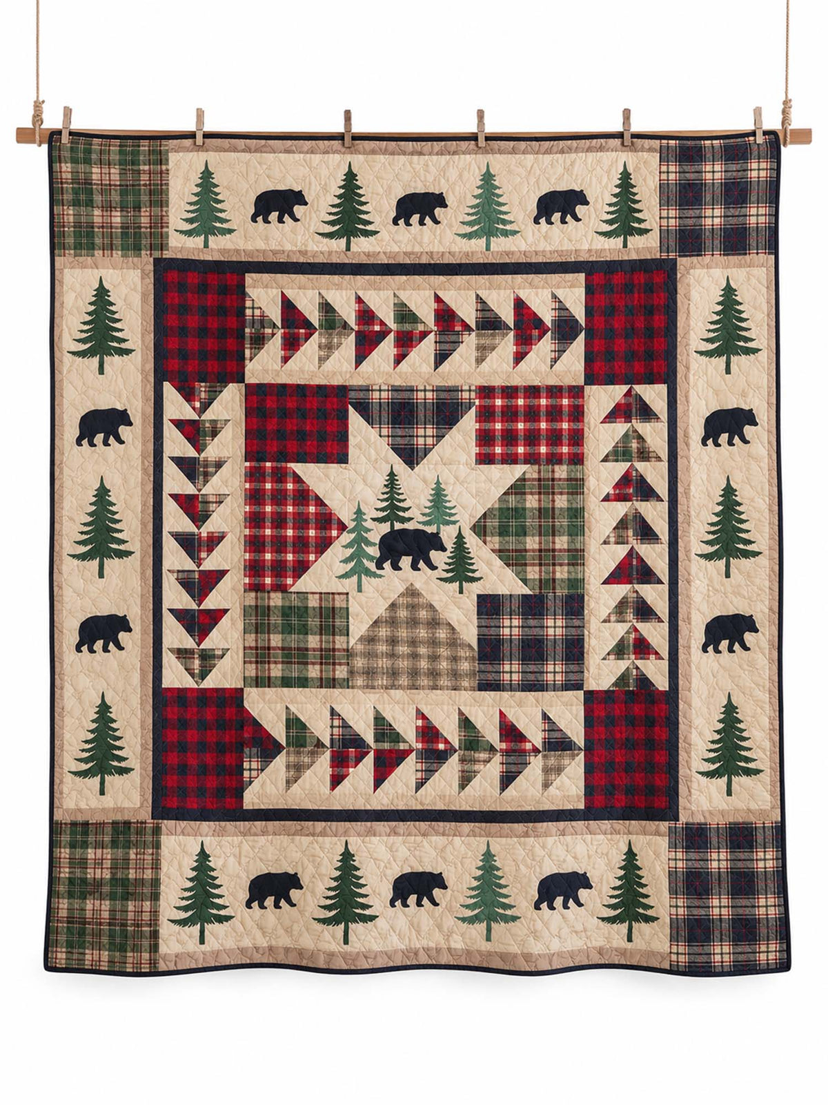 Black Bear Plaid Star Woodland Quilted 3-Piece Bedding Set