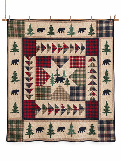 Black Bear Plaid Star Woodland Quilted 3-Piece Bedding Set