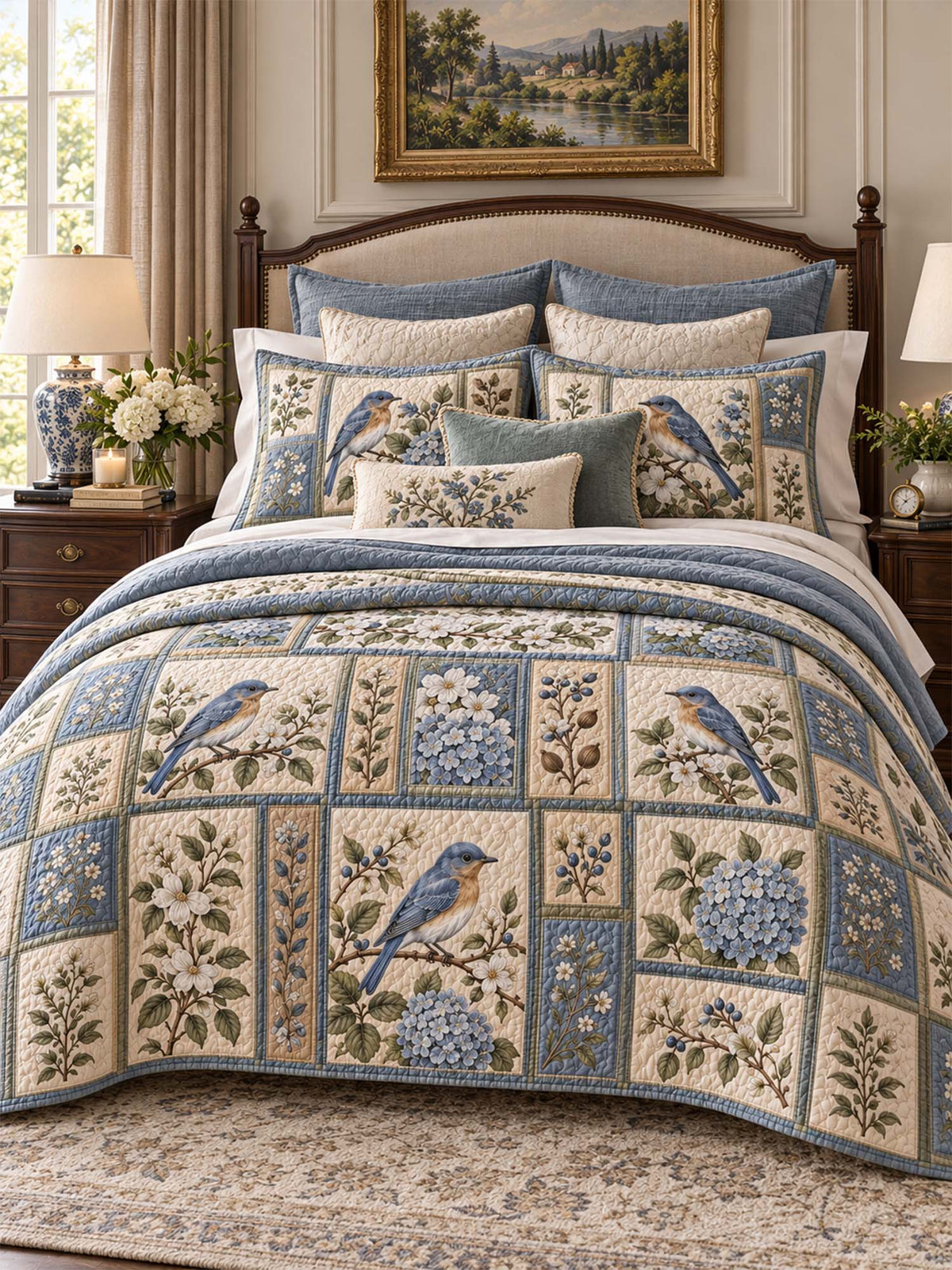 Bluebird Hydrangea Garden Quilted 3-Piece Bedding Set