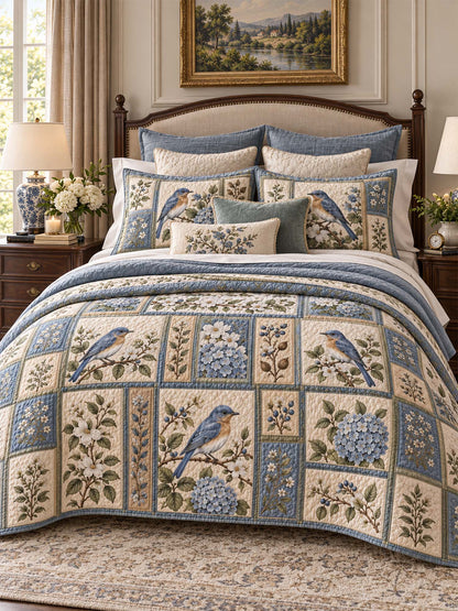 Bluebird Hydrangea Garden Quilted 3-Piece Bedding Set