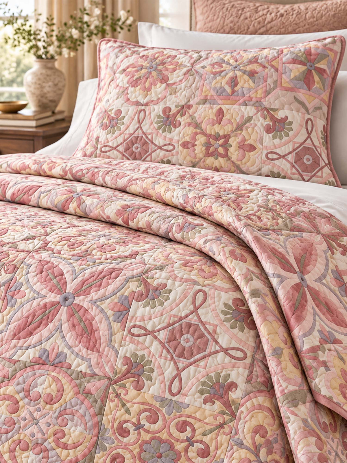 Pink Mediterranean Floral Tile Quilted 3-Piece Bedding Set