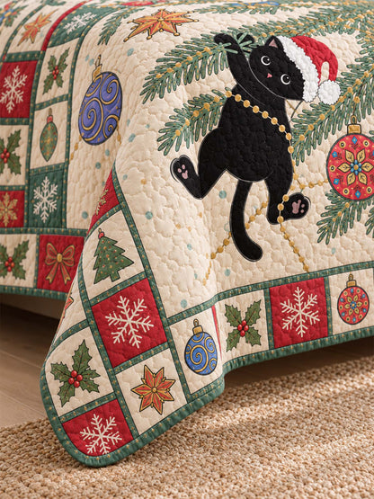 Festive Black Cat Christmas Quilted 3-Piece Bedding Set