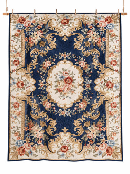 Vintage Navy Blue Floral Baroque Quilted 3-Piece Bedding Set