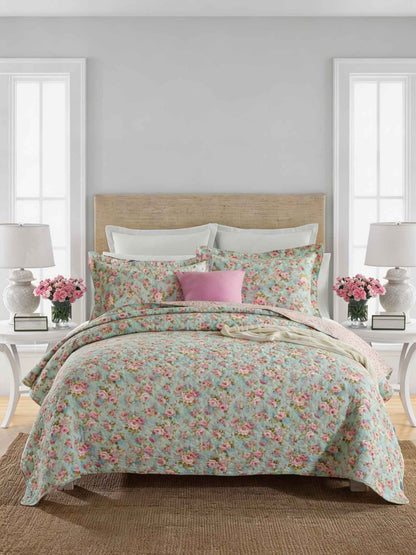 Vintage Rose Floral Print Quilted 3‑Piece Bedding Set