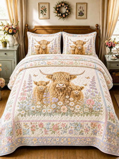 H.PAI Garden Highland Cow Gathering 3-Piece Quilted Bedding Set