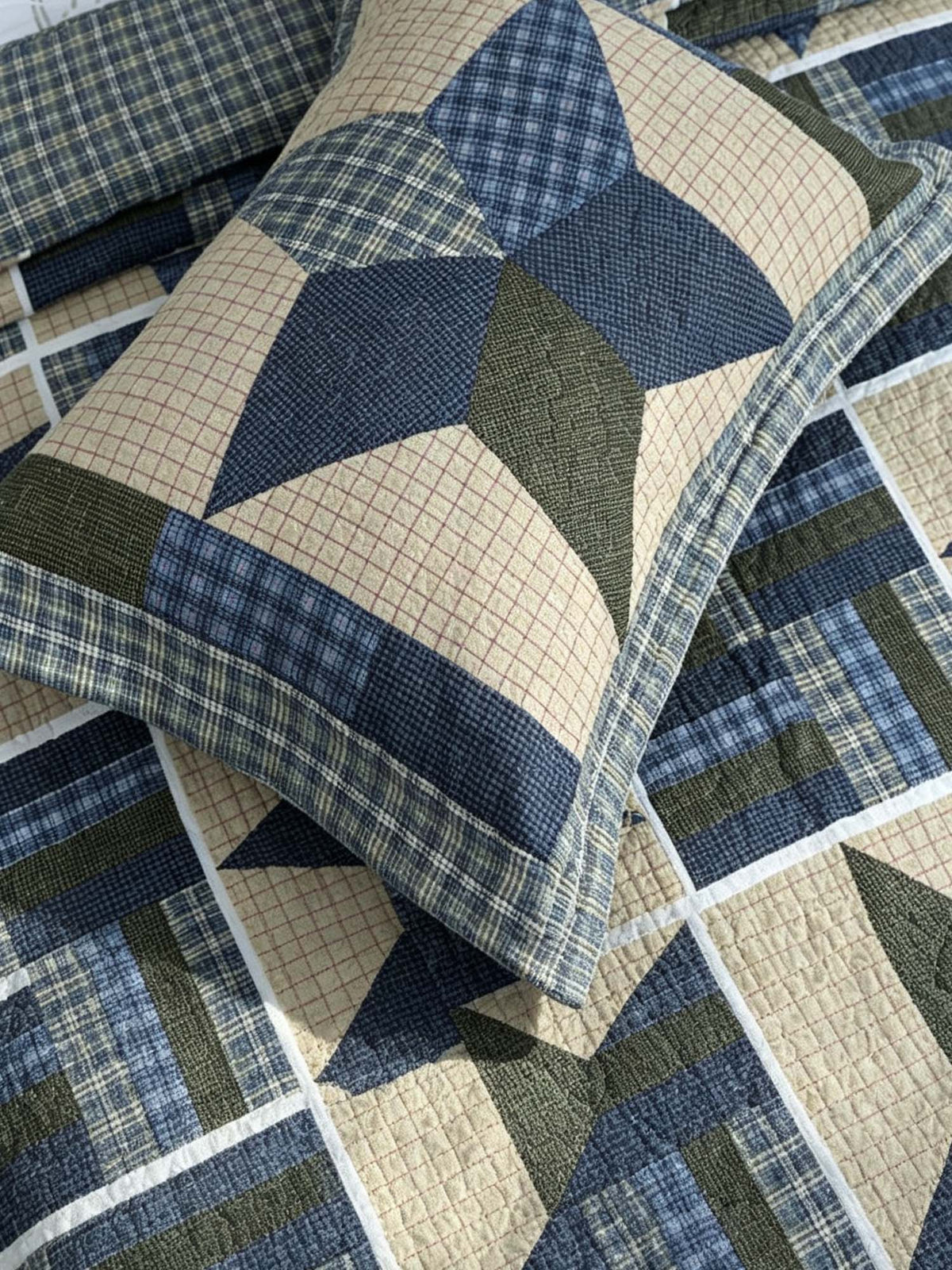 Navy Denim Blue Star Print Quilted 3‑Piece Bedding Set