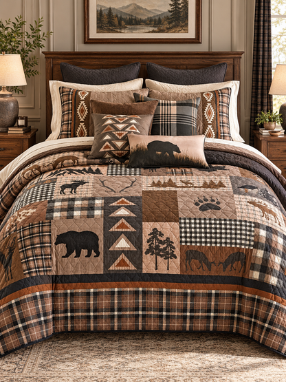 Rustic Bear and Bison Patchwork Quilted 3-Piece Bedding Set