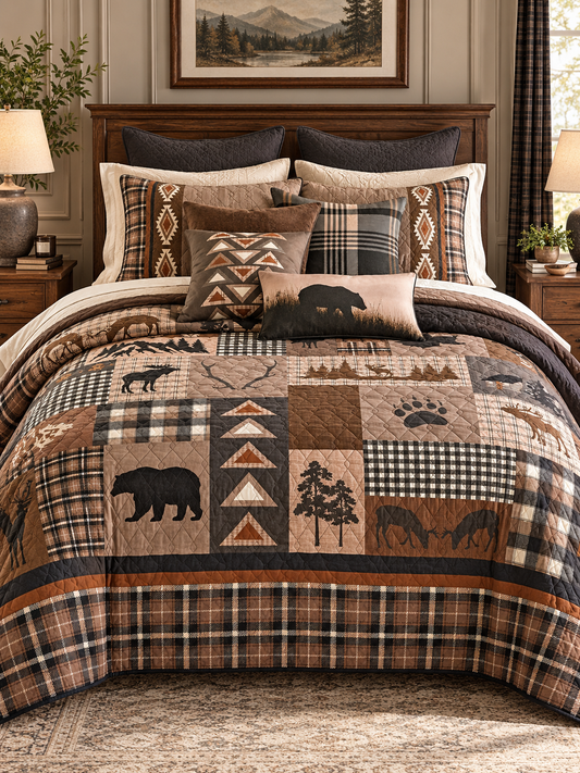 Rustic Bear and Bison Patchwork Quilted 3-Piece Bedding Set