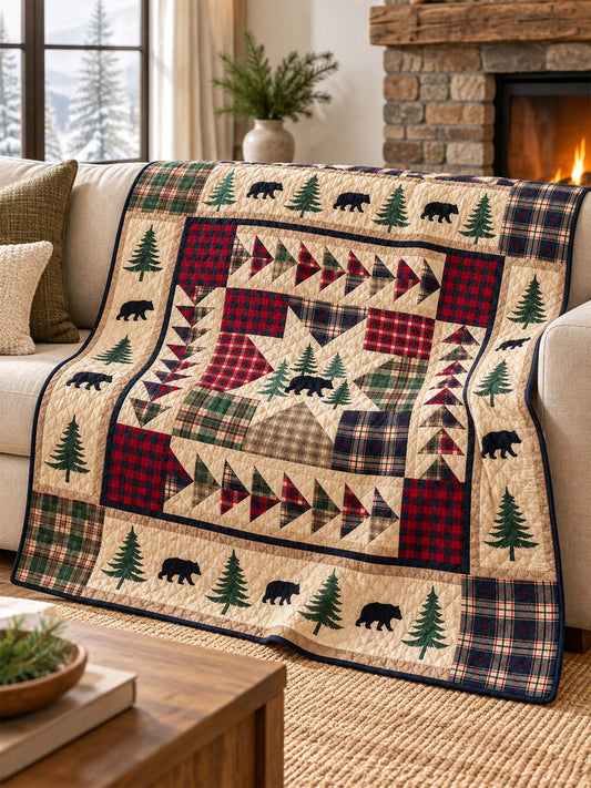 Black Bear Plaid Star Woodland Quilted Blanket