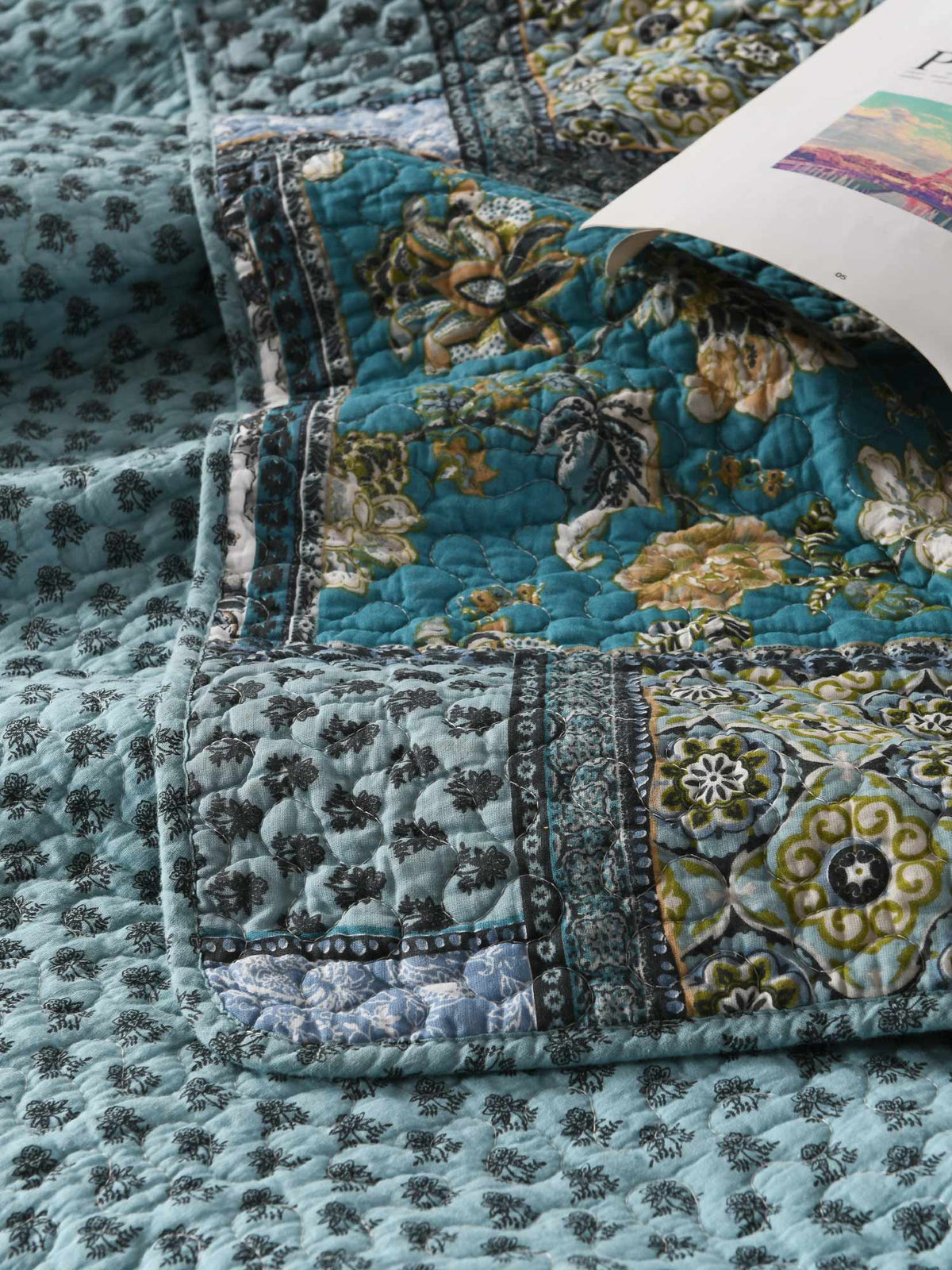 Teal Blue Floral Block Patchwork Quilted 3‑Piece Bedding Set