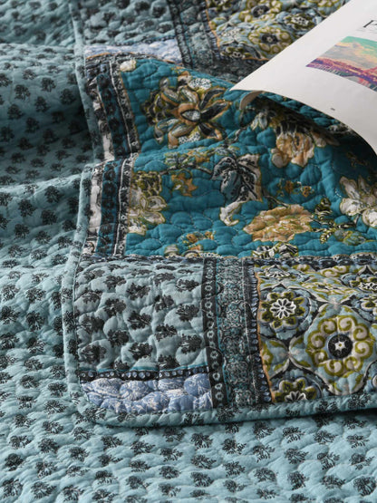 Teal Blue Floral Block Patchwork Quilted 3‑Piece Bedding Set