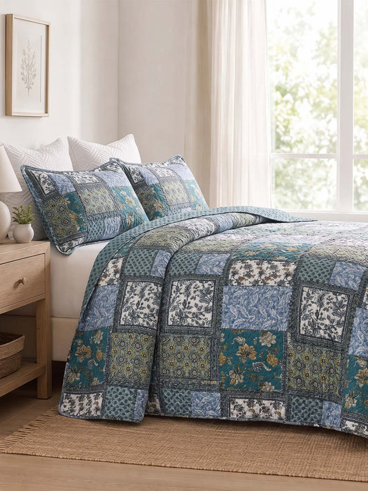 Teal Blue Floral Block Patchwork Quilted 3‑Piece Bedding Set