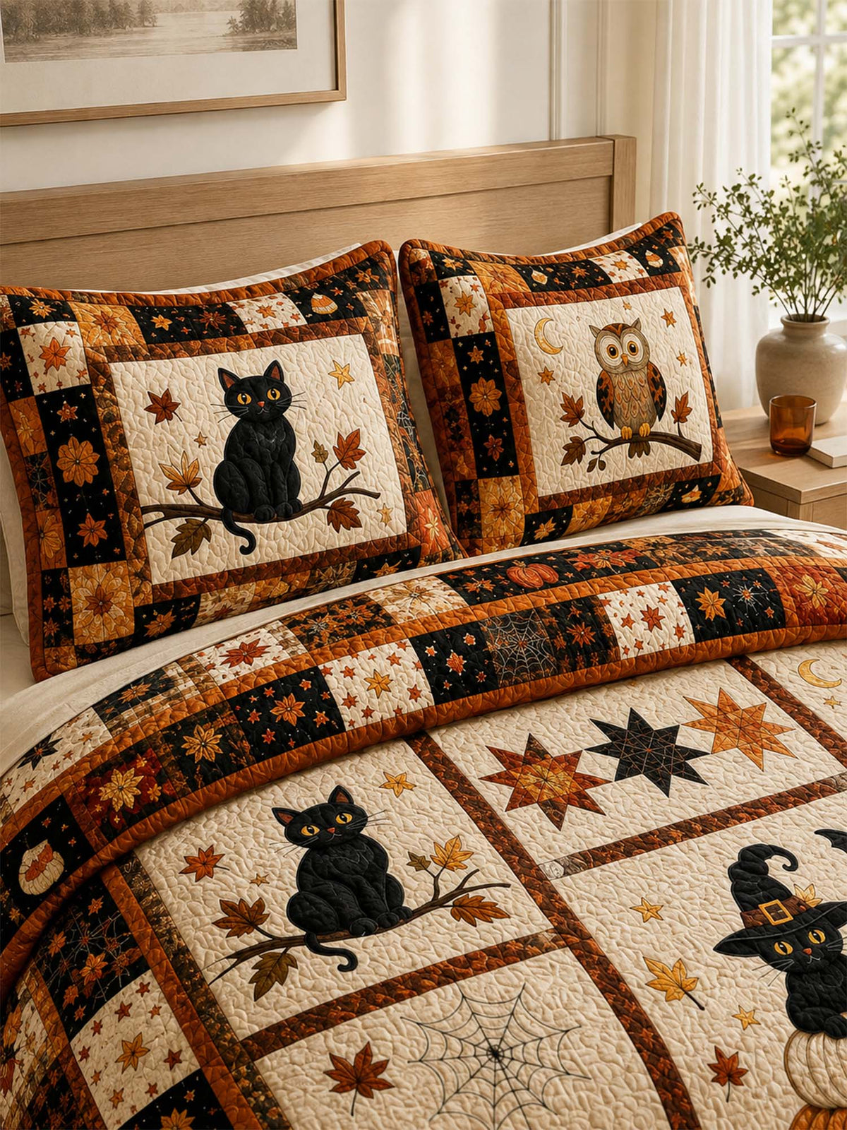 H.PAI Black Cat Halloween Pumpkin Quilted 3-Piece Bedding Set