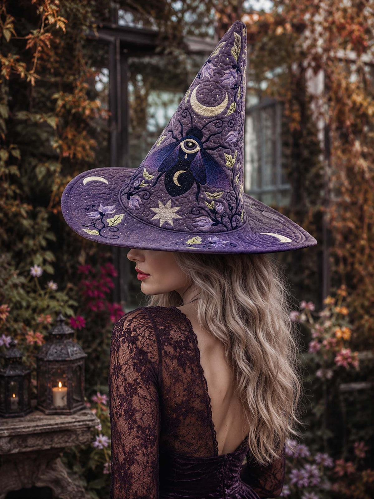 H.PAI Purple Moon Mystic Celestial Handcrafted Quilted Witch Hat