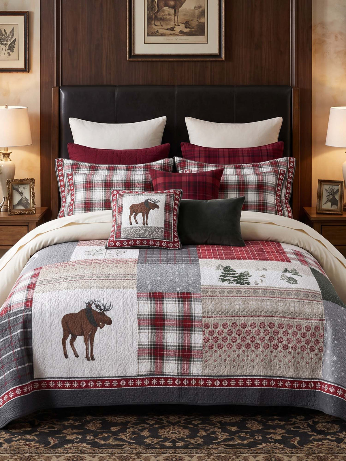 Moose Rustic Cabin 100% Cotton Quilted 3-Piece Bedding Set