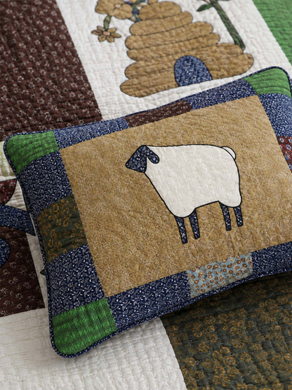 Sheep Farmhouse Folk Patchwork Quilted 3-Piece Bedding Set