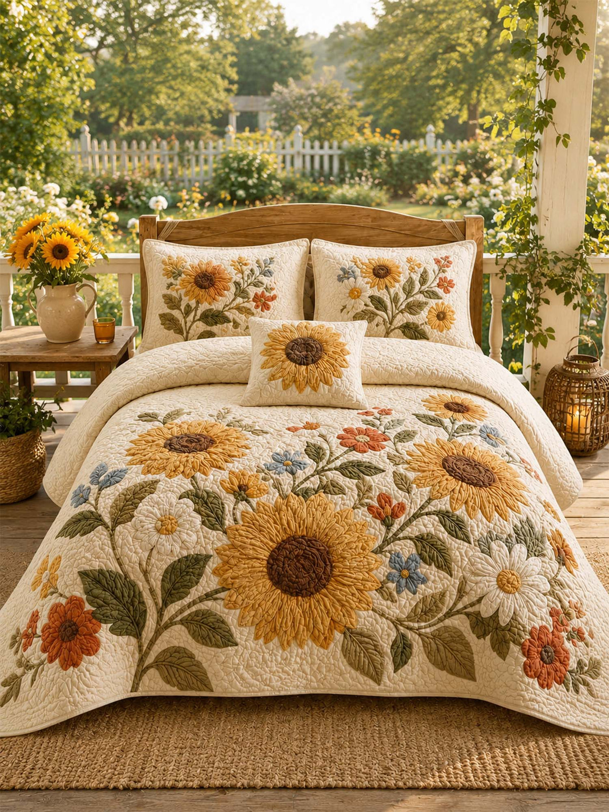 H.PAI Farmhouse Sunflower Floral Quilted Bedding Set