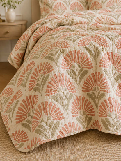 H.PAI Coral Botanical Bloom Quilted 3-Piece Bedding Set