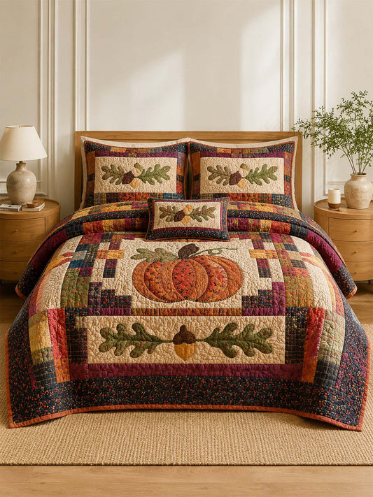 H.PAI Pumpkin Acorn Harvest Patchwork Quilted 3-Piece Bedding Set