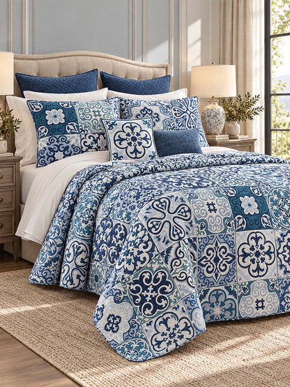 Blue Mediterranean Tile Patchwork Quilted 3-Piece Bedding Set