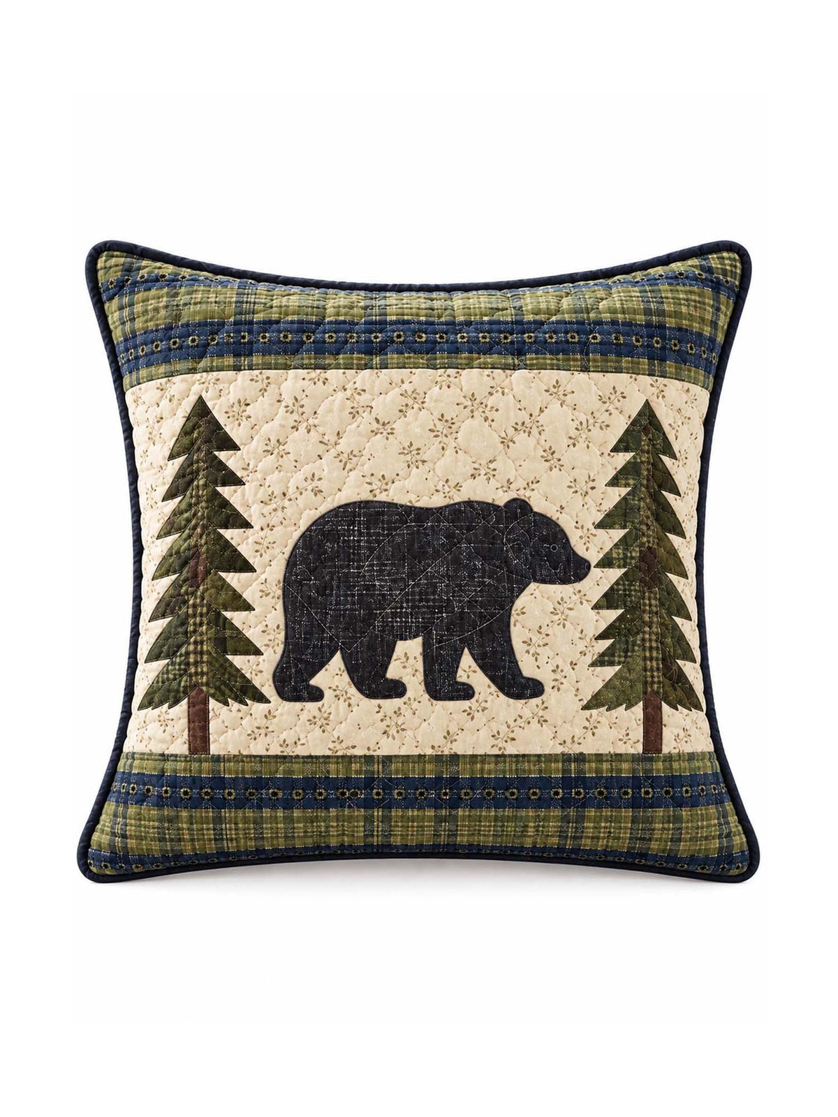 Bear Cabin Woodland Patchwork-Style Quilted Pillow Cover