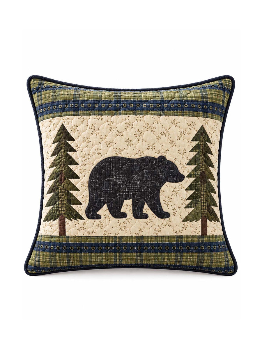 Bear Cabin Woodland Patchwork-Style Quilted Pillow Cover