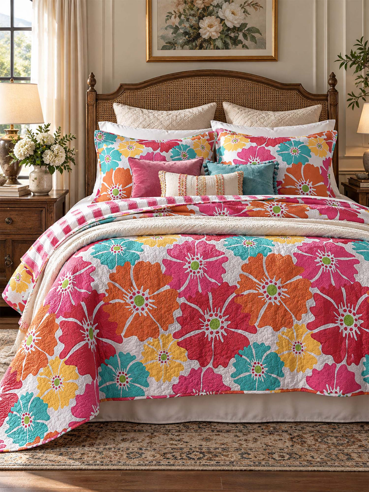 Vibrant Poppy Floral Reversible 100% Cotton Quilted 3-Piece Bedding Set