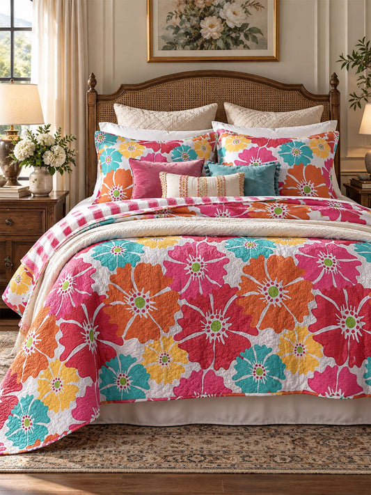 Vibrant Poppy Floral Reversible 100% Cotton Quilted 3-Piece Bedding Set