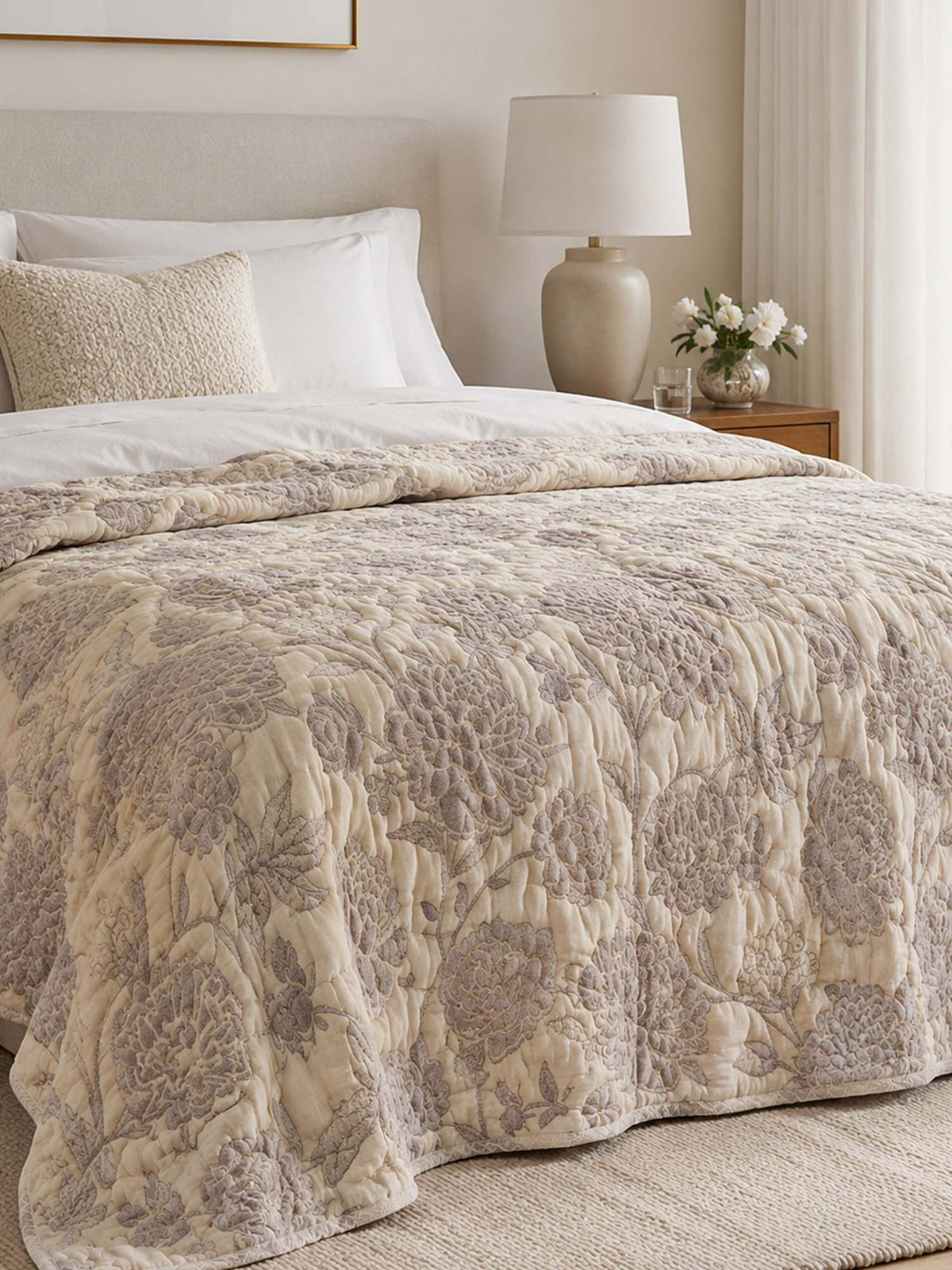 Vintage Grey Peony Floral 100% Cotton Gauze Soft Puff Blanket