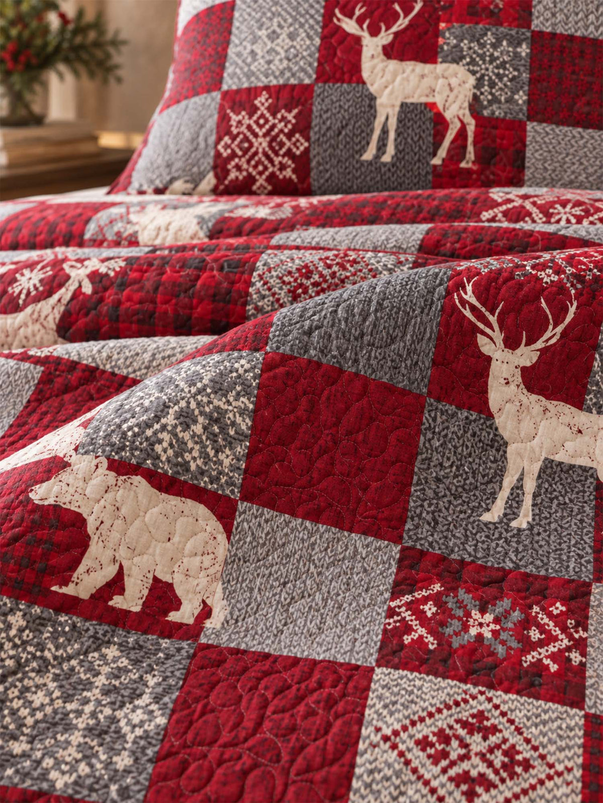 Woodland Deer Christmas Patchwork Quilted 3-Piece Bedding Set