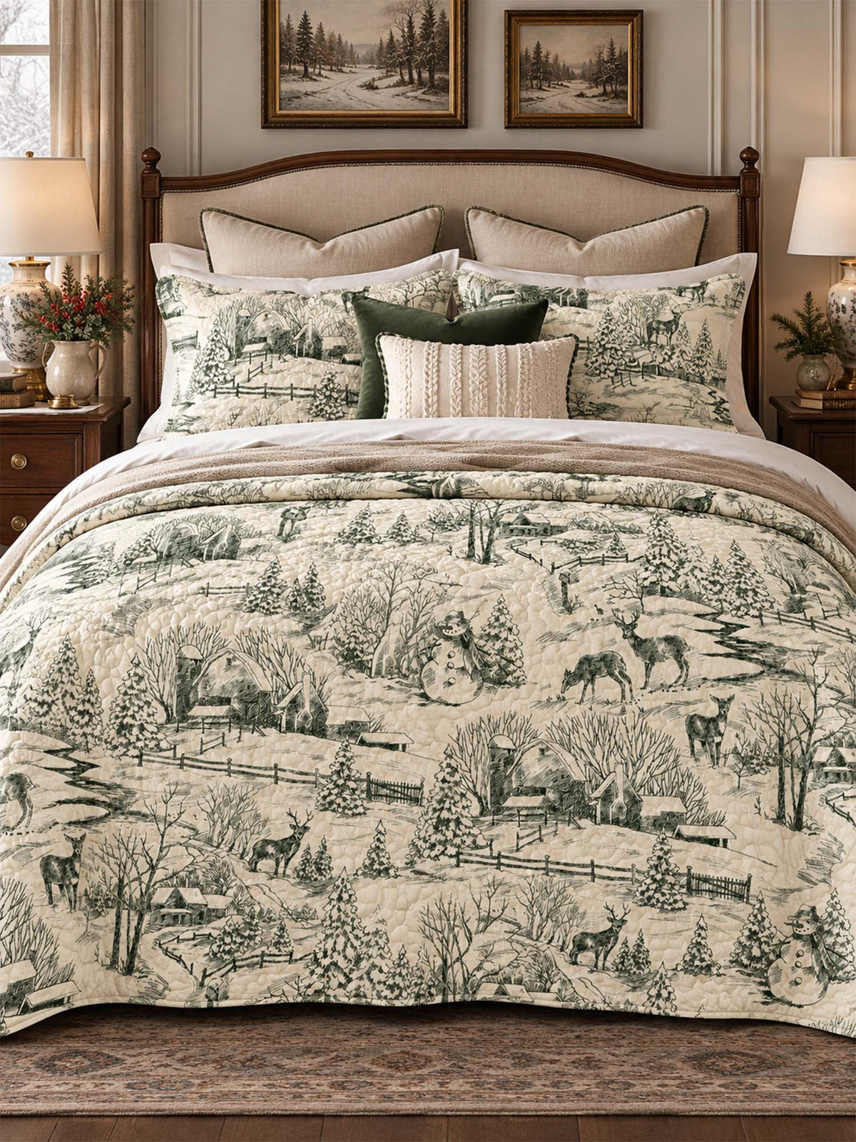Winter Woodland Toile Quilted 3-Piece Bedding Set