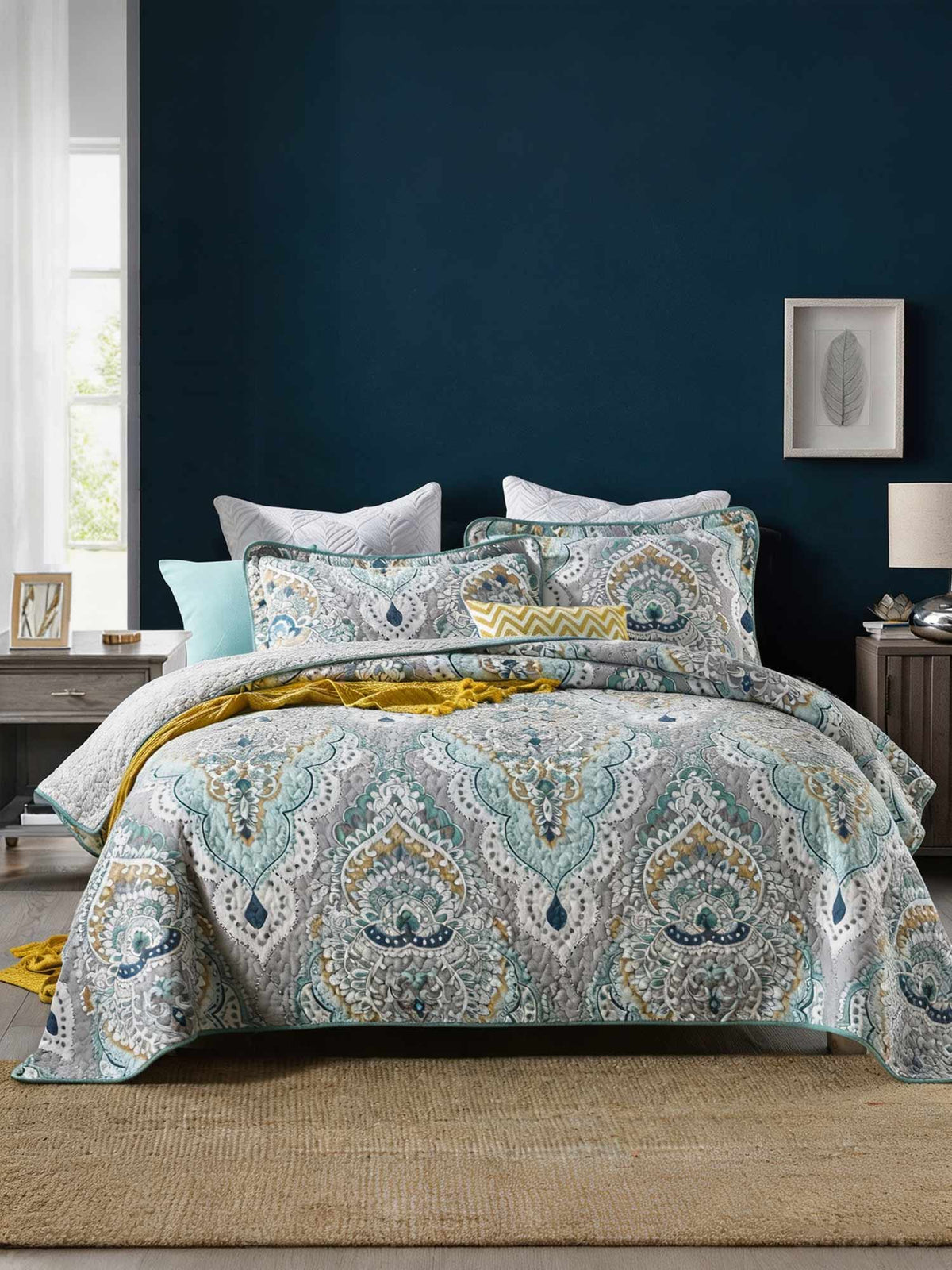 Bohemian Mandala Floral Print Quilted 3‑Piece Bedding Set