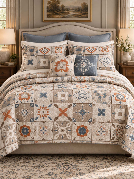 Terracotta Blue Mosaic Tile Patchwork Quilted 3-Piece Bedding Set