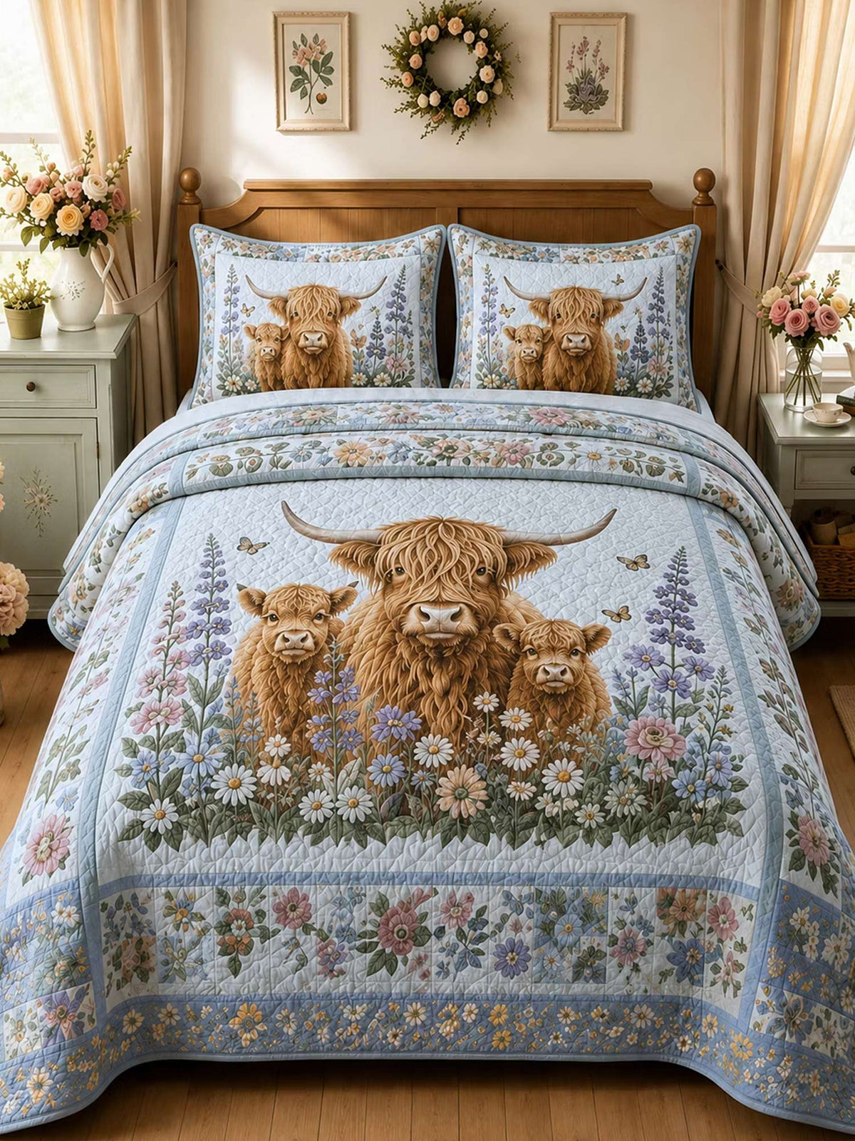 H.PAI Garden Highland Cow Gathering 3-Piece Quilted Bedding Set