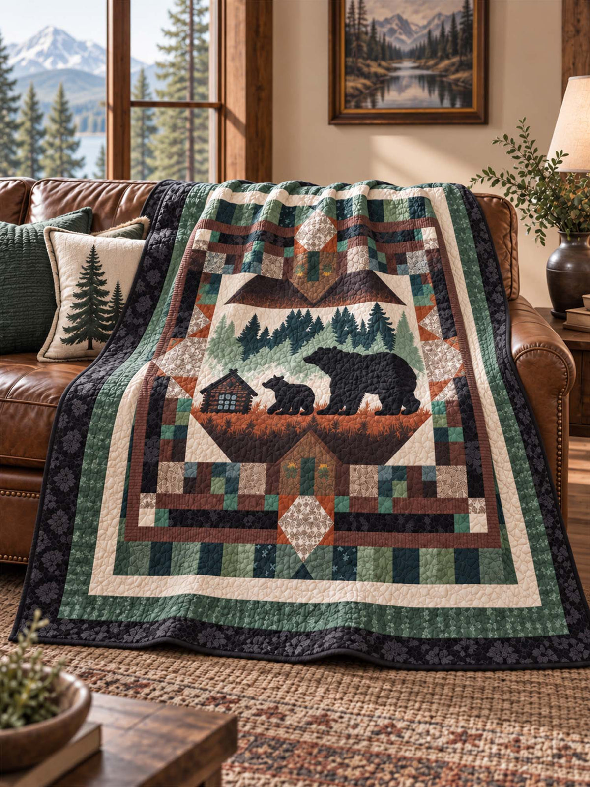 Woodland Bear Family Cabin Patchwork-Style Quilted Blanket