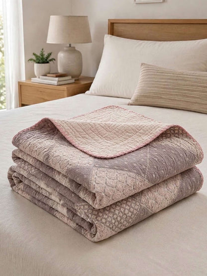 Vintage Pink Patchwork Jacquard Quilted Throw Three‑Layer Gauze Cotton Blanket