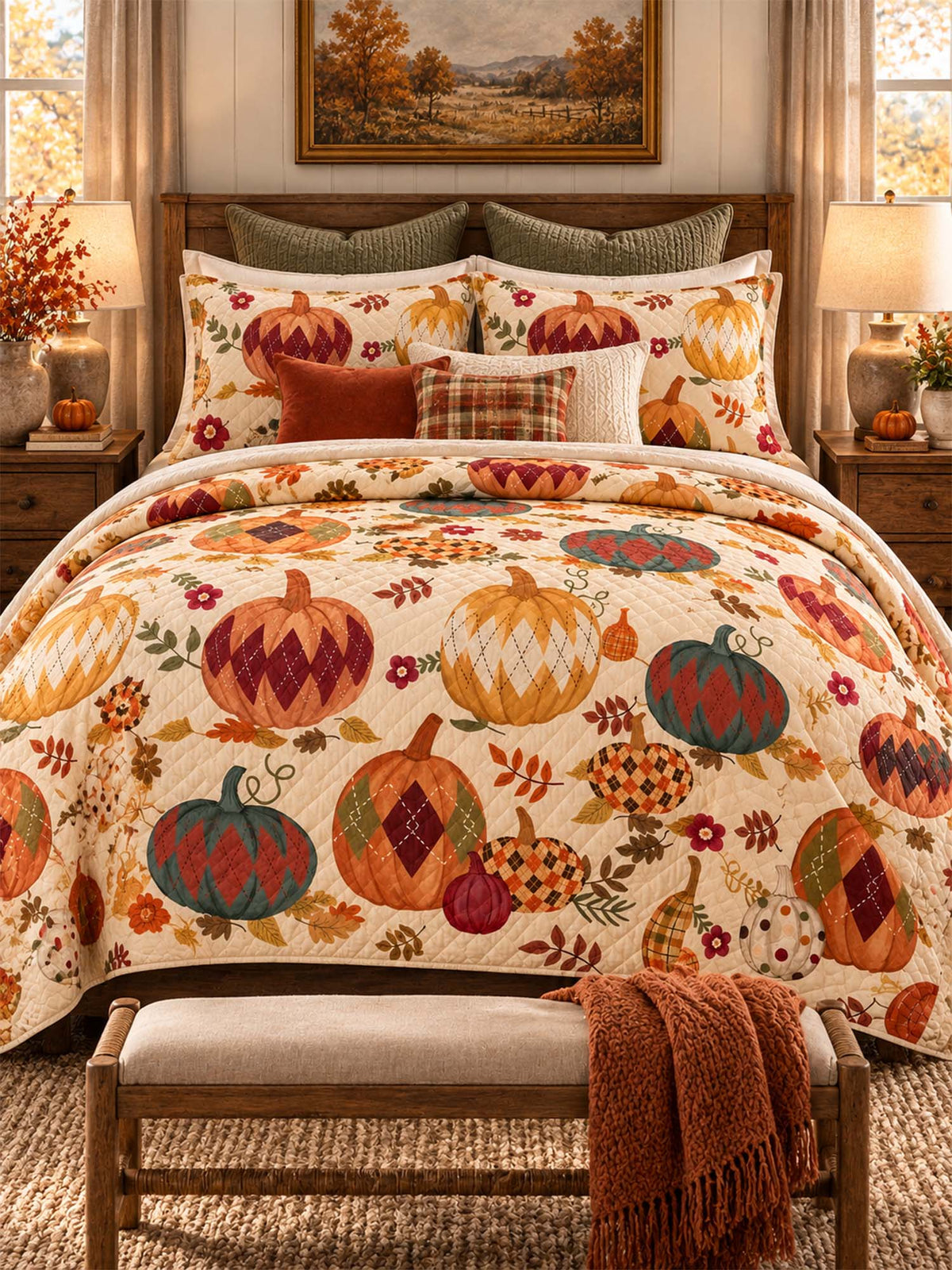 Argyle Pumpkin Autumn Harvest Quilted 3-Piece Bedding Set