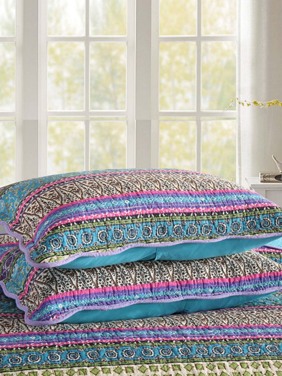 Turquoise Boho Stripe Quilted 3-Piece Bedding Set