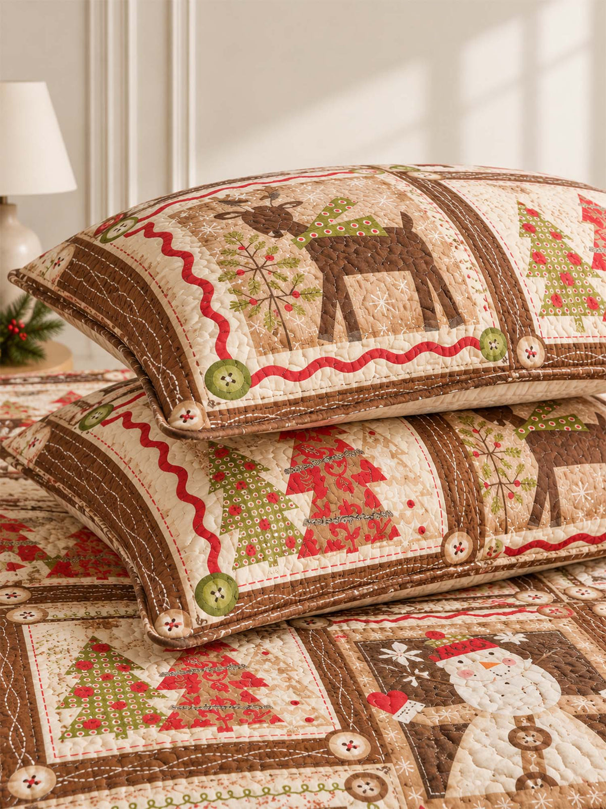 Rustic Reindeer Snowman Christmas Quilted 3-Piece Bedding Set