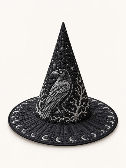 Midnight Raven Moon Phase Gothic Handcrafted Quilted Witch Hat