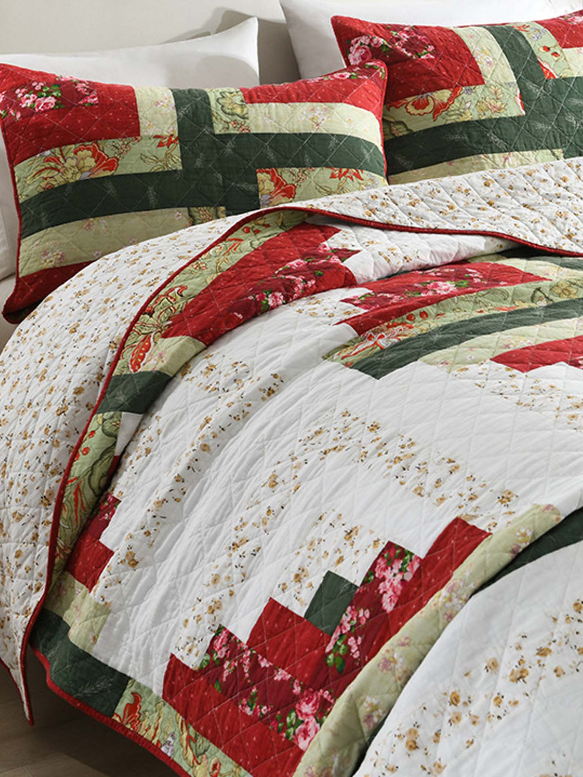 Vintage Floral Log Cabin Patchwork 100% Cotton Quilted 3-Piece Bedding Set